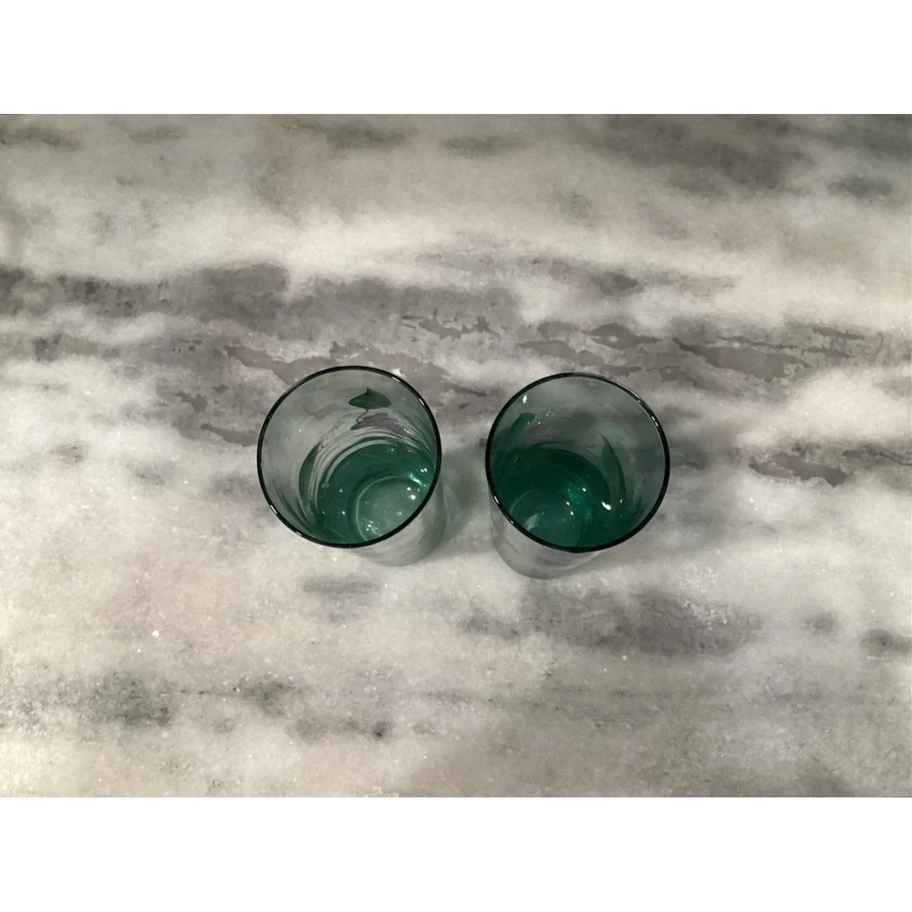 Vintage Fenton Signed 2 Hand Painted Green‎ Floral Highball Tumblers Glasses